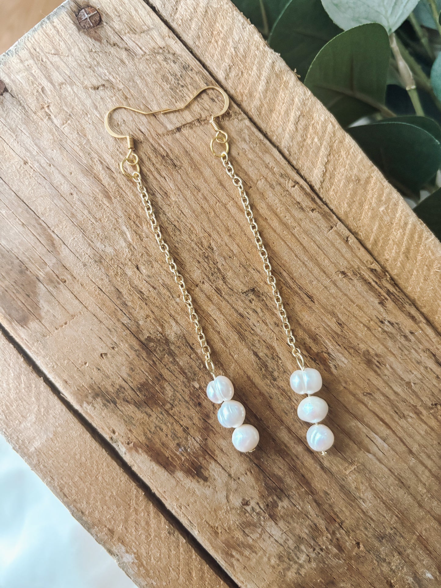 Freshwater Pearl Trio Chain Drop Earrings