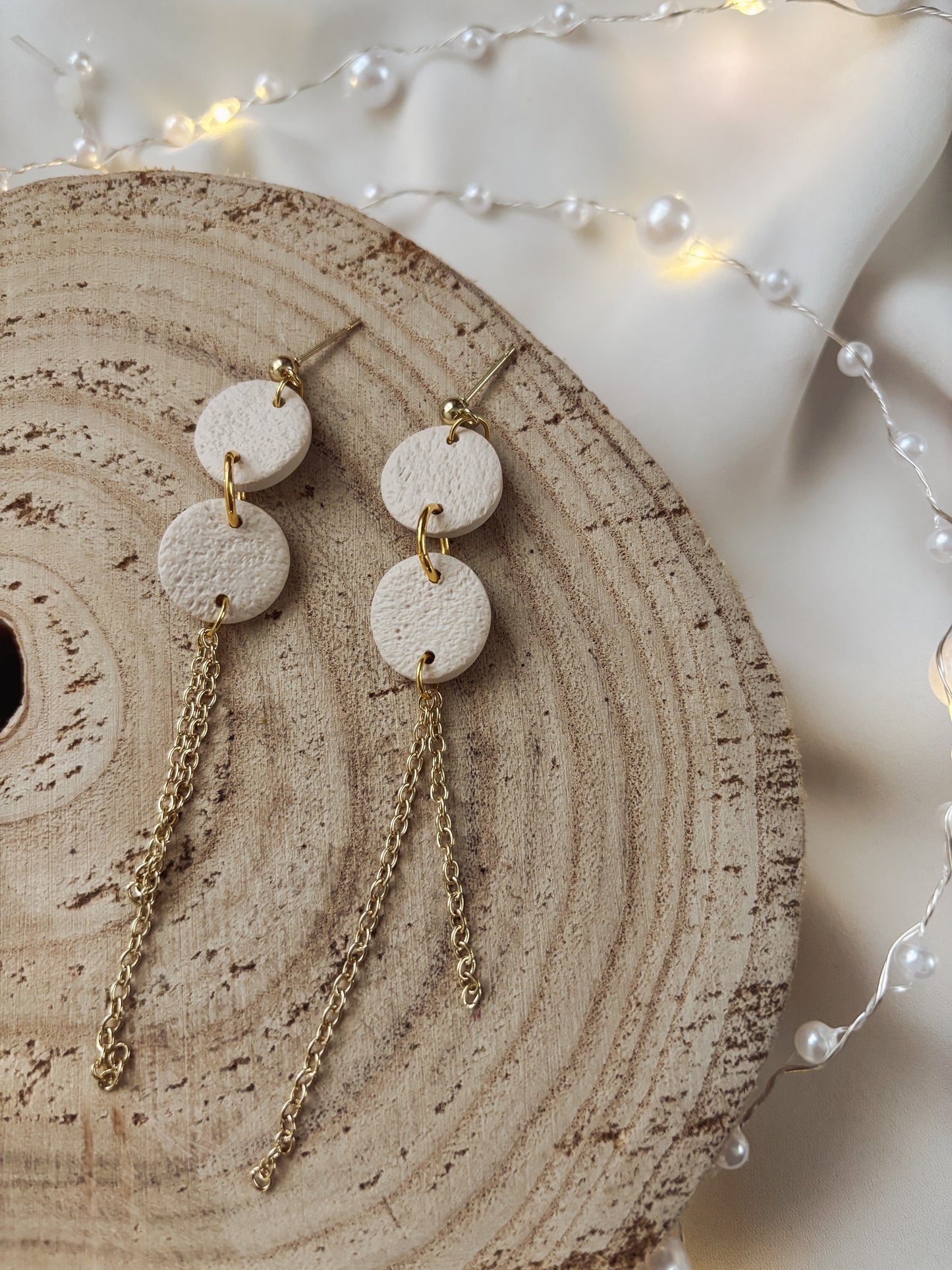 Cream Clay Earrings with Chain Detail