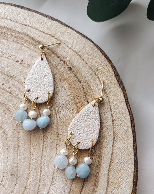 Aquamarine Beaded Clay Teardrop Earrings
