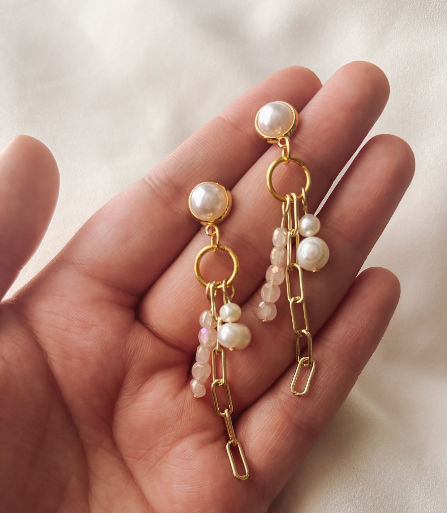 Rose Quartz Pearl Chain Earrings