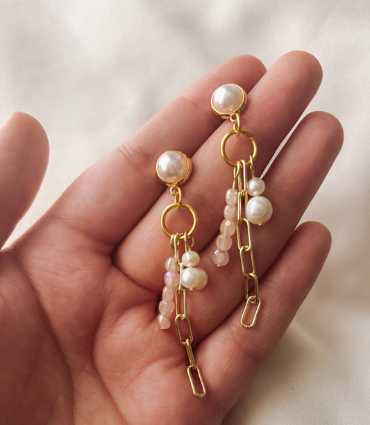Rose Quartz Pearl Chain Earrings